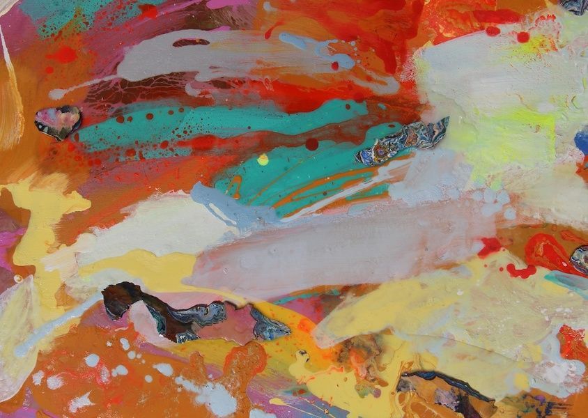 The Time Garden abstract painting with vertical brushwork and layered colors, contemporary Mediterranean garden atmosphere on canvas by Mariia Zhurykova