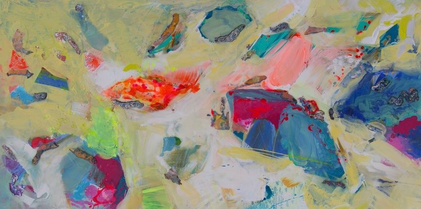 The Time Garden abstract painting with vertical brushwork and layered colors, contemporary Mediterranean garden atmosphere on canvas by Mariia Zhurykova