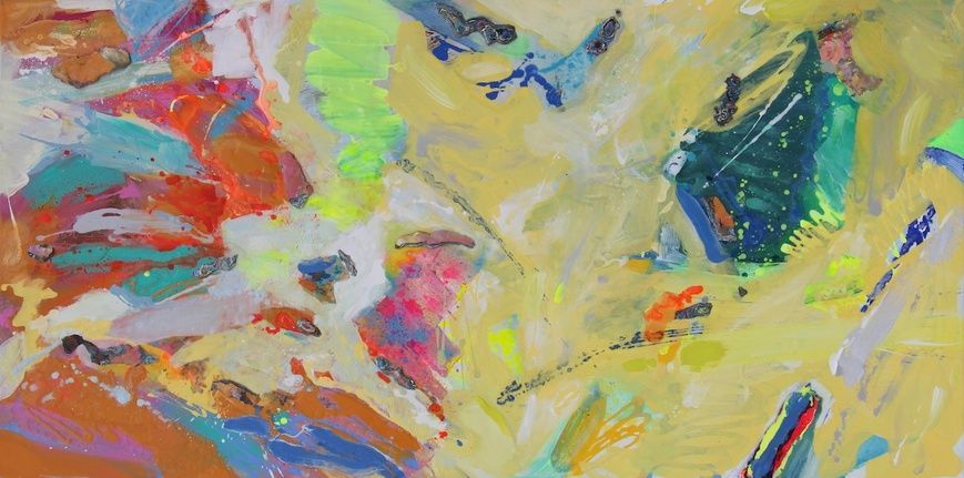 The Time Garden abstract painting with vertical brushwork and layered colors, contemporary Mediterranean garden atmosphere on canvas by Mariia Zhurykova