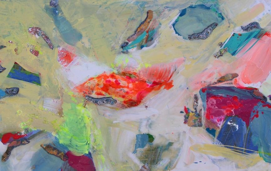 The Time Garden abstract painting with vertical brushwork and layered colors, contemporary Mediterranean garden atmosphere on canvas by Mariia Zhurykova