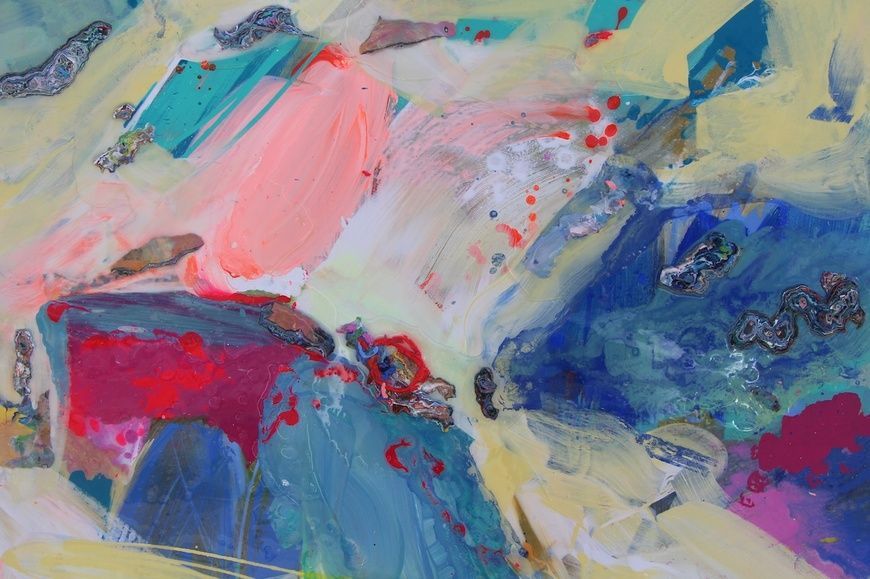 The Time Garden abstract painting with vertical brushwork and layered colors, contemporary Mediterranean garden atmosphere on canvas by Mariia Zhurykova