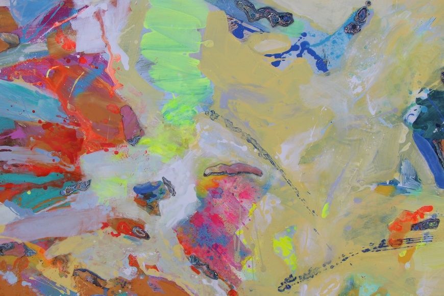 The Time Garden abstract painting with vertical brushwork and layered colors, contemporary Mediterranean garden atmosphere on canvas by Mariia Zhurykova