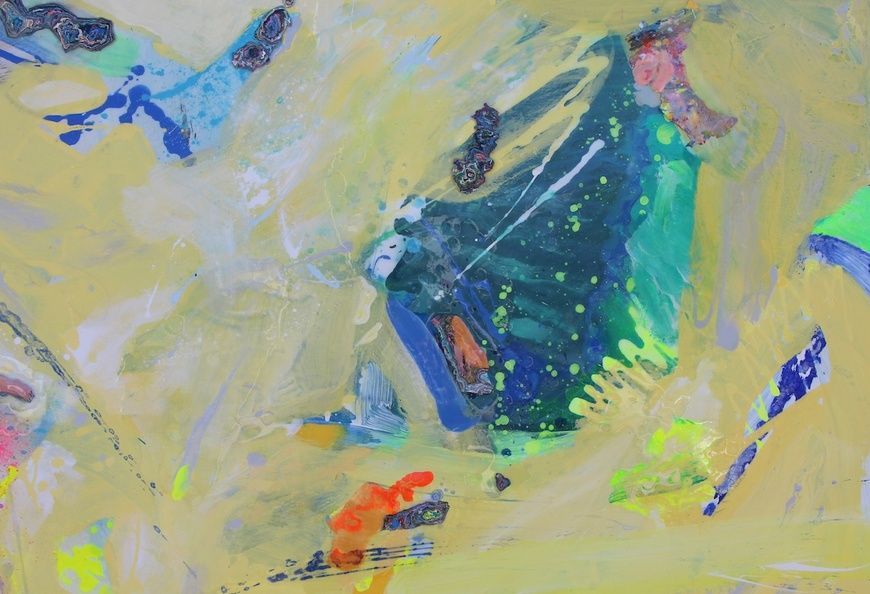 The Time Garden abstract painting with vertical brushwork and layered colors, contemporary Mediterranean garden atmosphere on canvas by Mariia Zhurykova