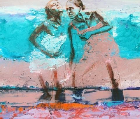 The Bathers I female figures near water, soft tones and fluid contemporary figurative composition